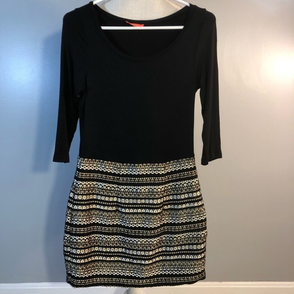 Banjul Black Jersey Bodice W/Woven Gold Tones Metallic Drop Waist Skirt M 👍